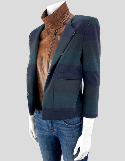 Veronica Beard Navy And Green Striped Blazer With Leather Bib 2 US