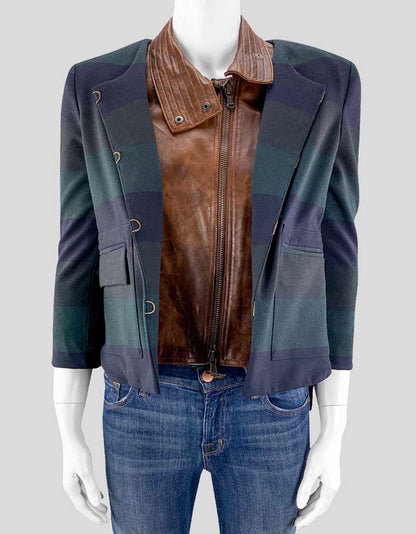 Veronica Beard Navy And Green Striped Blazer With Leather Bib 2 US