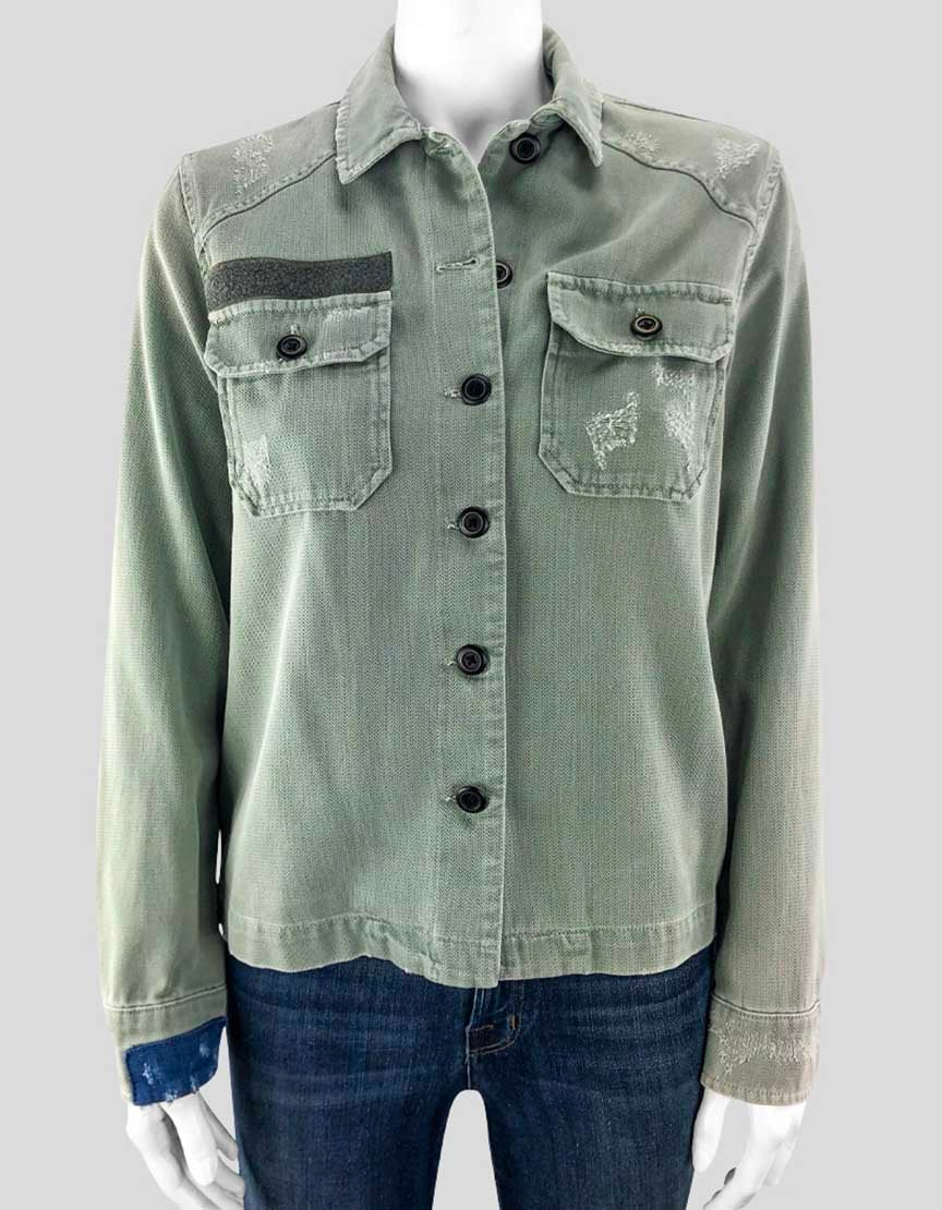 All Saints Army Green Distressed Shirt Denim Jacket Women - 2 US