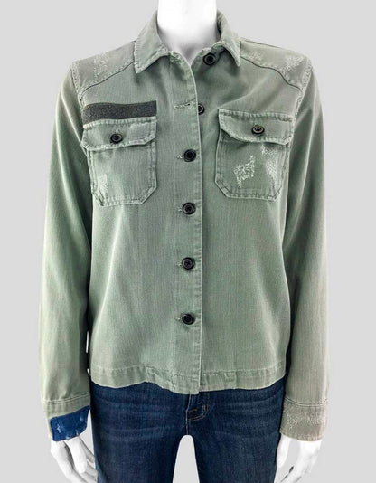 All Saints Army Green Distressed Shirt Denim Jacket Women - 2 US