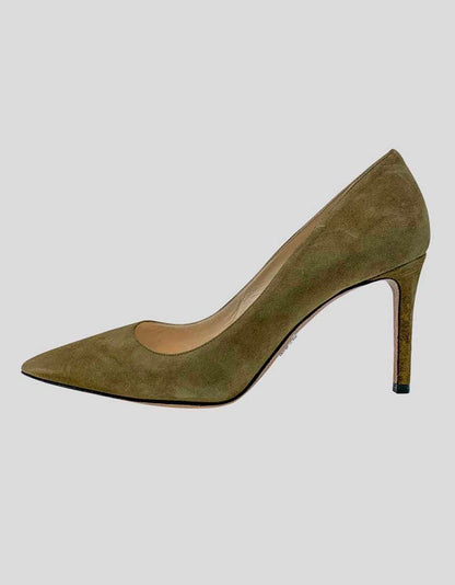 Prada Olive Suede Pointed Toe Pumps - 36 IT 6 US