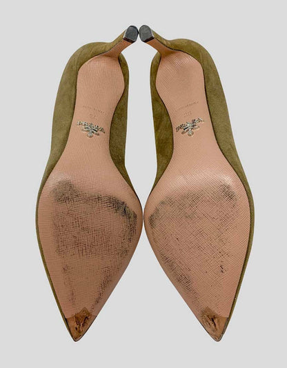 Prada Olive Suede Pointed Toe Pumps - 36 IT 6 US