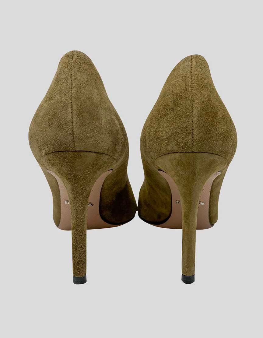 Prada Olive Suede Pointed Toe Pumps - 36 IT 6 US