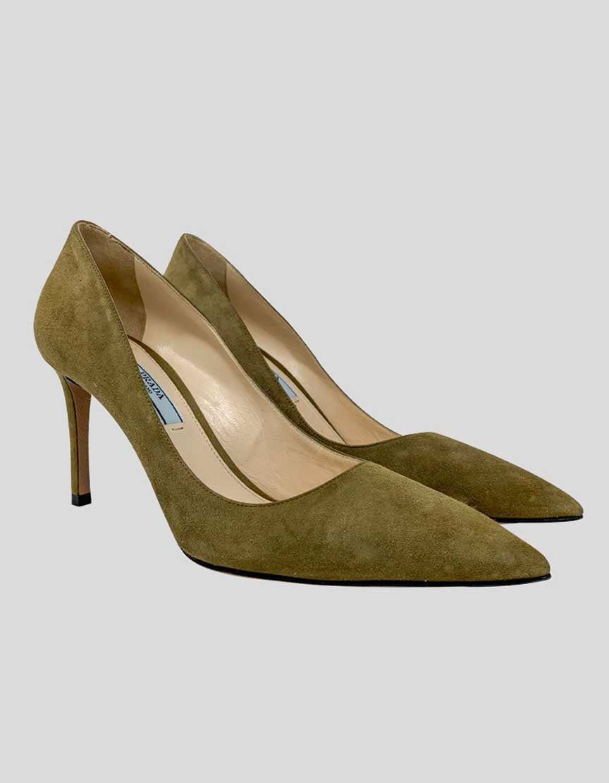 Prada Olive Suede Pointed Toe Pumps - 36 IT 6 US