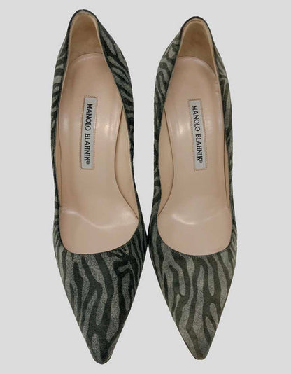 Manolo Blahnik Bb Grey Zebra Print Suede Pumps 36.5 It 6.5 US