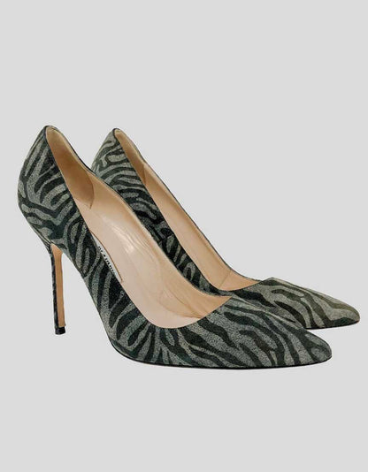 Manolo Blahnik Bb Grey Zebra Print Suede Pumps 36.5 It 6.5 US