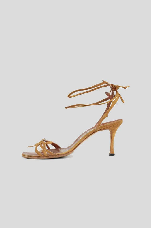 Manolo Blahnik Tan Suede Tie Sandals With Leaf Design Ankle Straps And Heels Size 40