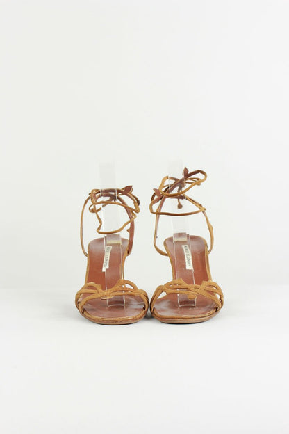 Manolo Blahnik Tan Suede Tie Sandals With Leaf Design Ankle Straps And Heels Size 40