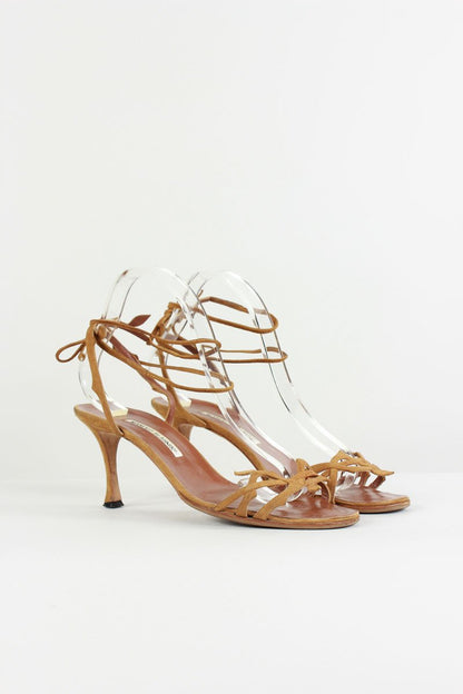 Manolo Blahnik Tan Suede Tie Sandals With Leaf Design Ankle Straps And Heels Size 40