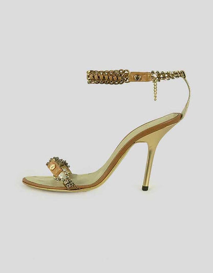 Roberto Cavalli Gold Tone And Tan Leather Link Chain Sandals With Embellishments At Ankle Straps 35 It 5 US