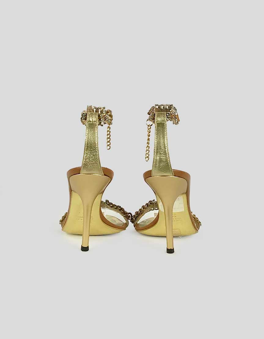 Roberto Cavalli Gold Tone And Tan Leather Link Chain Sandals With Embellishments At Ankle Straps 35 It 5 US