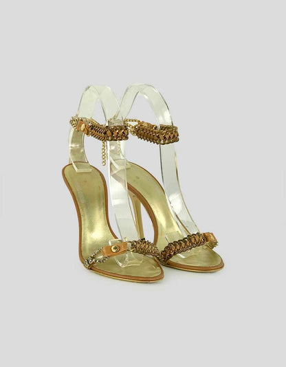 Roberto Cavalli Gold Tone And Tan Leather Link Chain Sandals With Embellishments At Ankle Straps 35 It 5 US