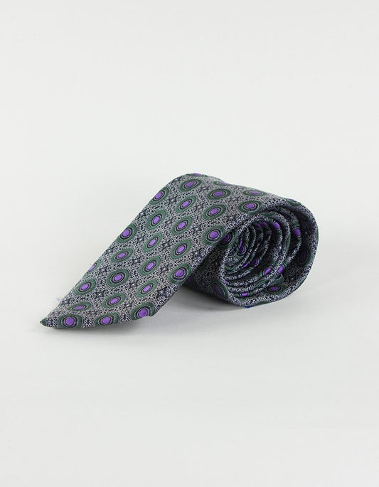 Ermenegildo Zegna Black And Silver Design Tie With Purple Green And Black Circles