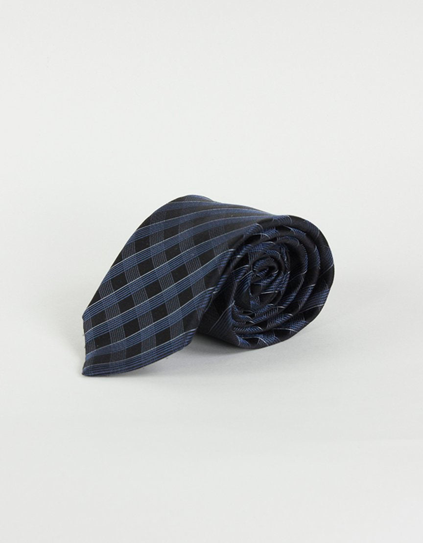 John Varvatos USA Black Tie With Blue And White Diagonal Criss Crossing Stripes