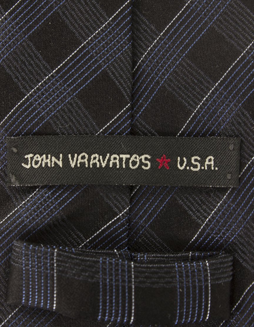 John Varvatos USA Black Tie With Blue And White Diagonal Criss Crossing Stripes