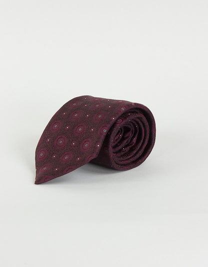 Canali Burgundy Tie With Burgundy And Red Circle Design