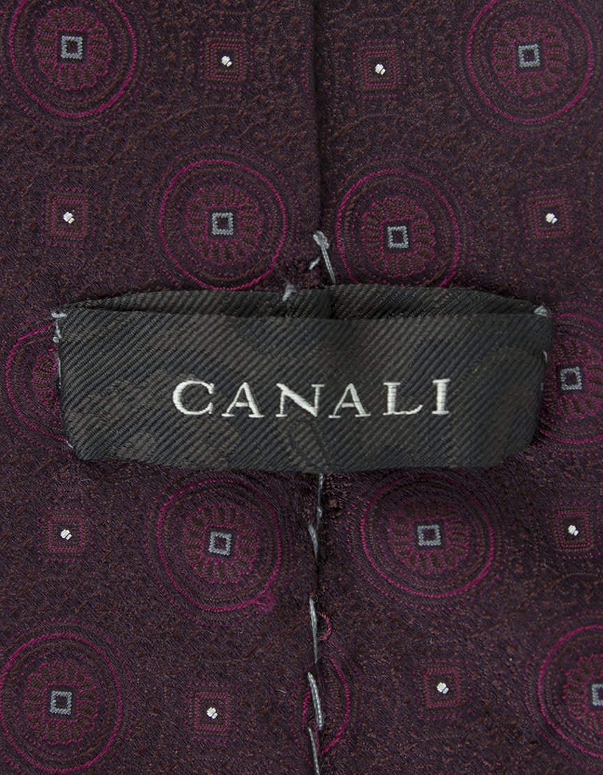 Canali Burgundy Tie With Burgundy And Red Circle Design