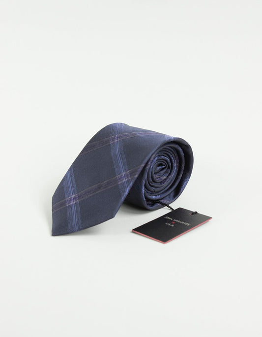 John Varvatos USA Navy Blue Tie With Blue Purple Black And Tan Diagonal Plaid Design