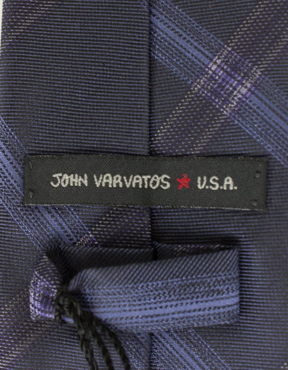 John Varvatos USA Navy Blue Tie With Blue Purple Black And Tan Diagonal Plaid Design