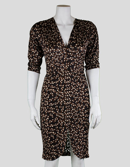 Tucker Disco Dress With Brown Black And White Design Elasticated Waist Front Slit And Three Quarter Length Sleeves Petite