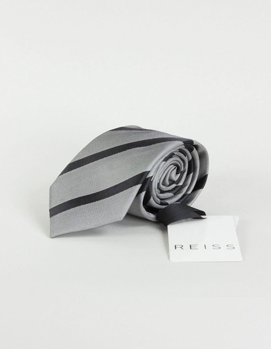 Reiss Grey Tie With Thin Diagonal Black Stripes