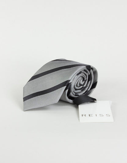 Reiss Grey Tie With Thin Diagonal Black Stripes