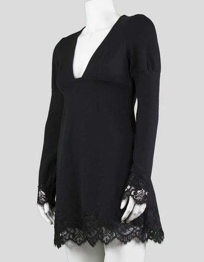 Ingwa Melero Deep V Long Sleeve To The Knee Mini Dress With Lace At Cuffs And Hem Size Small