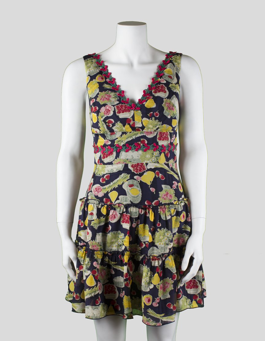 Anna Sui Sleeveless V-Neck Navy Dress With Cherry And Fruit Flower Design Size 4