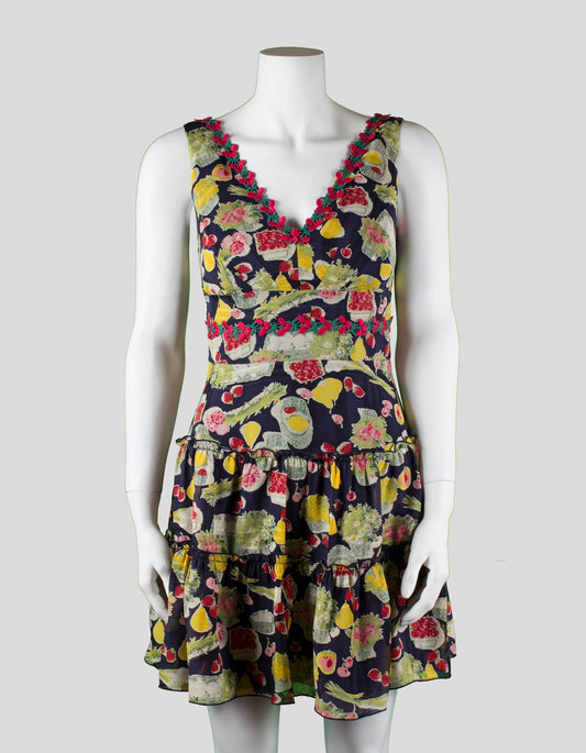 Anna Sui Sleeveless V-Neck Navy Dress With Cherry And Fruit Flower Design Size 4