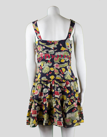 Anna Sui Sleeveless V-Neck Navy Dress With Cherry And Fruit Flower Design Size 4