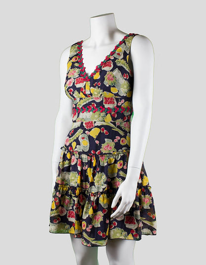 Anna Sui Sleeveless V-Neck Navy Dress With Cherry And Fruit Flower Design Size 4