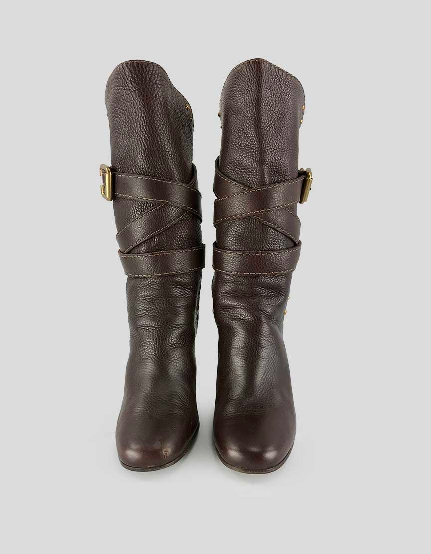 Chloe Brown Leather Mid Calf Boots - 37 IT | 7 US