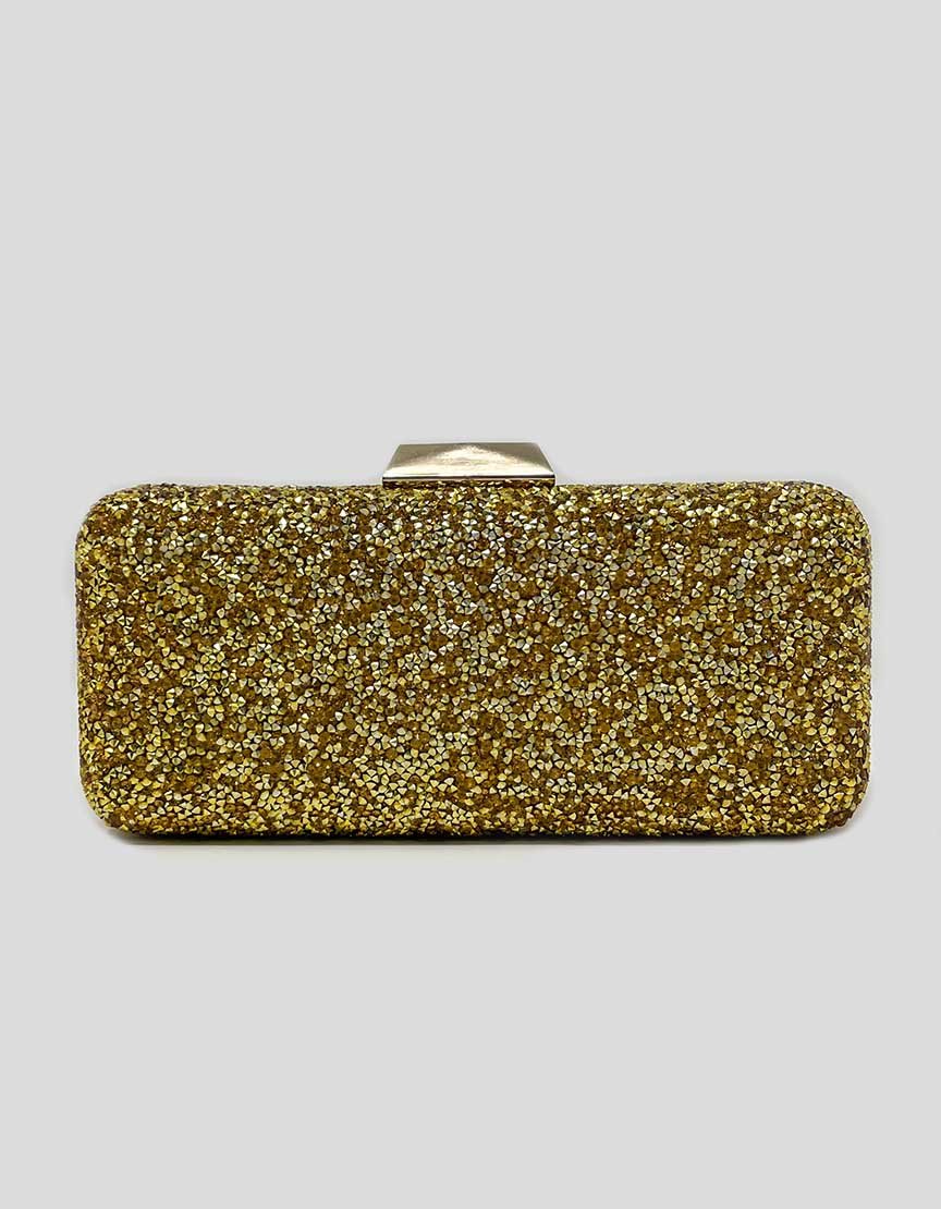 SAKS FIFTH AVENUE gold-encrusted crystal jewel-box clutch bag with push-lock closure