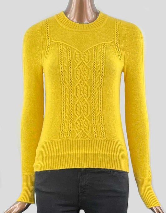 Yellow Cashmere Crewneck Sweater With Cable Design Small