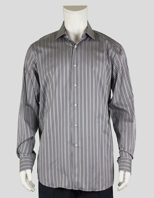 Boss Selection Hugo Boss Grey Button Down Dress Shirt With Black And White Pin Stripes Single Button Barrel Cuff With Point Collar And Bones Size 17-43