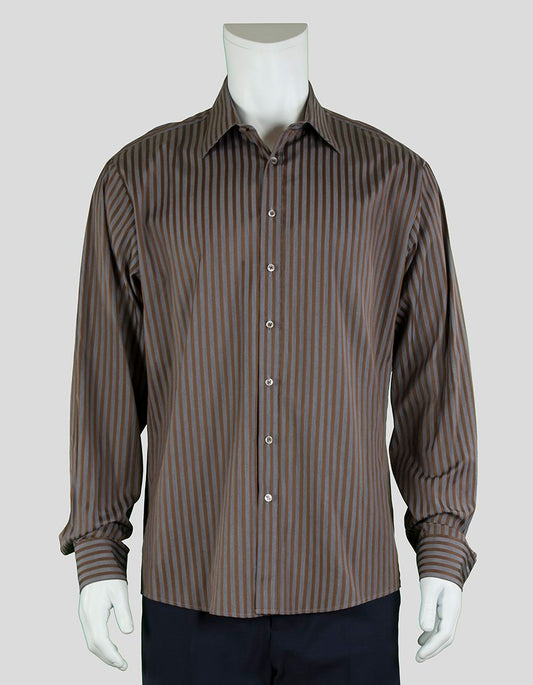 Thomas Pink Slim Fit Brown And Charcoal Grey Striped Button Down Dress Shirt Double Button Barrel Cuff With Point Collar And Bones 17-43