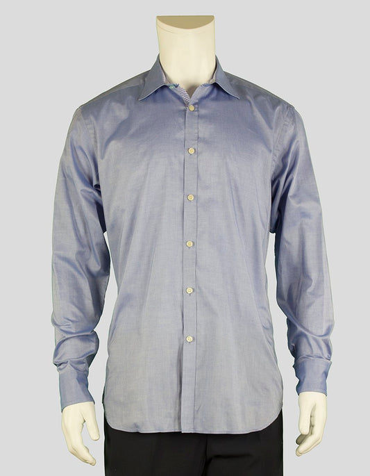 Ted Baker Archive Solid Blue Button Down Shirt With Single Button Barrel Cuff Point Collar With Space For Bones Size 16