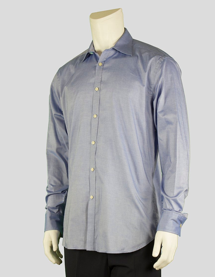 Ted Baker Archive Solid Blue Button Down Shirt With Single Button Barrel Cuff Point Collar With Space For Bones Size 16