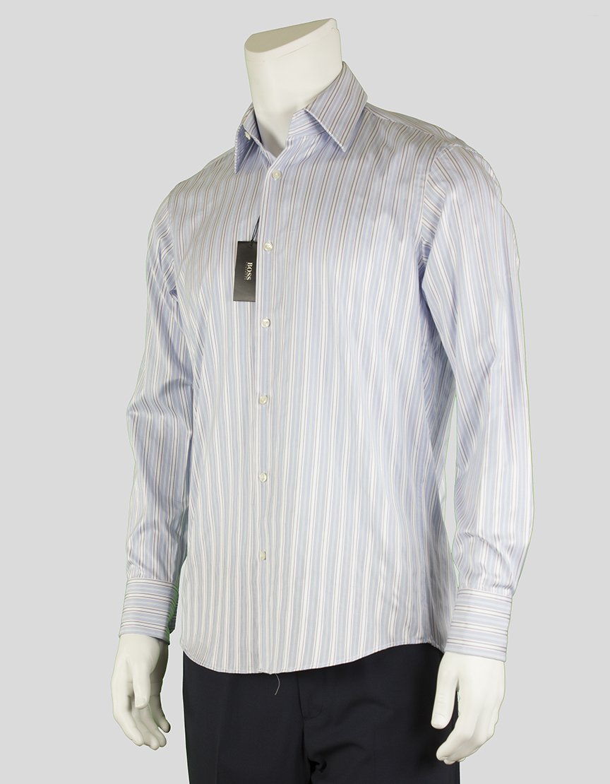 Boss Hugo Boss Regular Fit Blue And Pink Pinstriped Button Down Dress Shirt With Double Button Barrel Cuffs Point Collar And Room For Stays 14 5 32/33