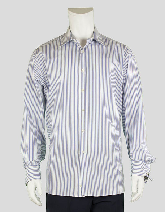 Canali White Blue And Grey Pinstriped Button Down Dress Shirt With French Cuffs And A Point Collar With Room For Stays 17-43