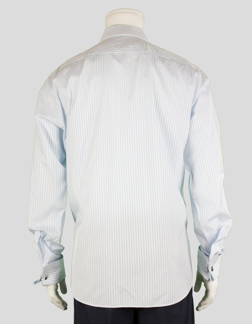 Boss Hugo Boss Regular Fit Light Blue And White Pinstriped Button Down Dress Shirt With French Cuffs A Point Collar With Room For Stays 17.5 36/37