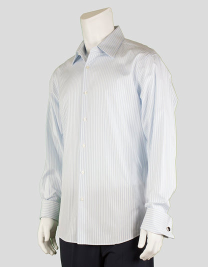 Boss Hugo Boss Regular Fit Light Blue And White Pinstriped Button Down Dress Shirt With French Cuffs A Point Collar With Room For Stays 17.5 36/37