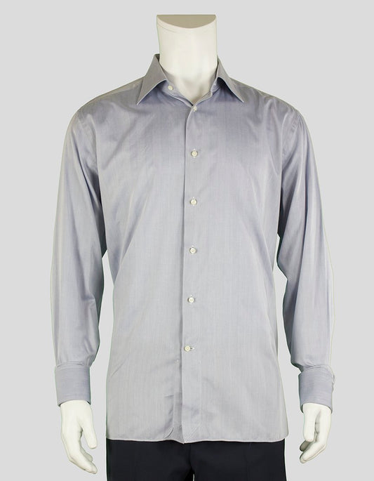 Ermenegildo Zegna Regular Fit Blue Herringbone Button Down Dress Shirt With French Cuffs 17-43