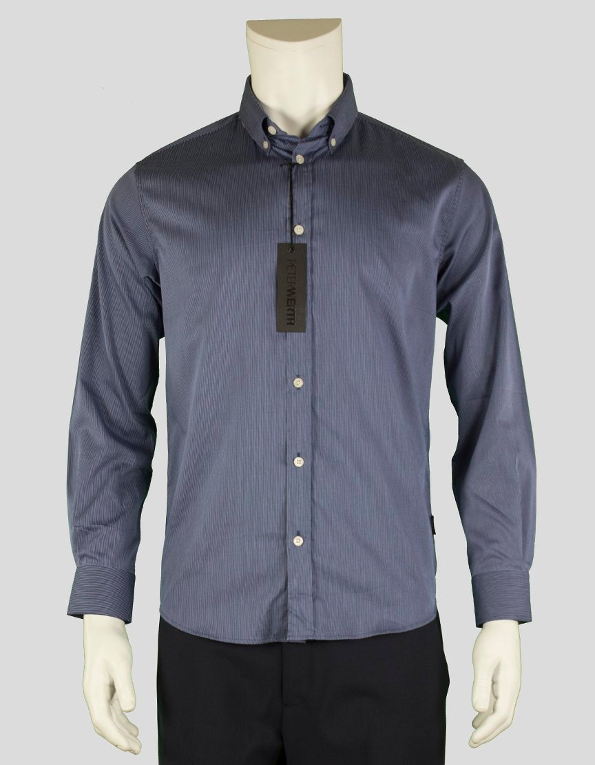 Peterwerth Navy Blue And White Thin Striped Button Down Shirt With Single Barrel Cuffs And Button Down Collar Size 2