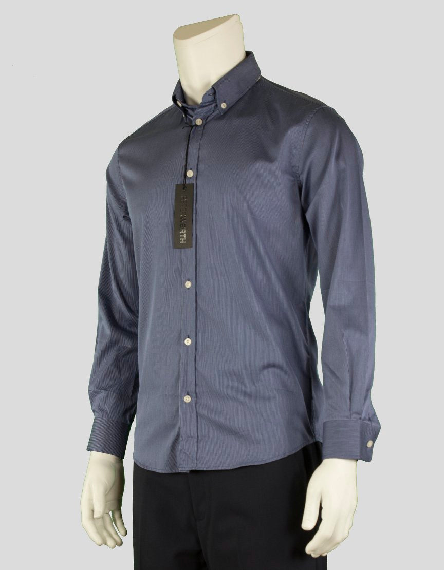 Peterwerth Navy Blue And White Thin Striped Button Down Shirt With Single Barrel Cuffs And Button Down Collar Size 2