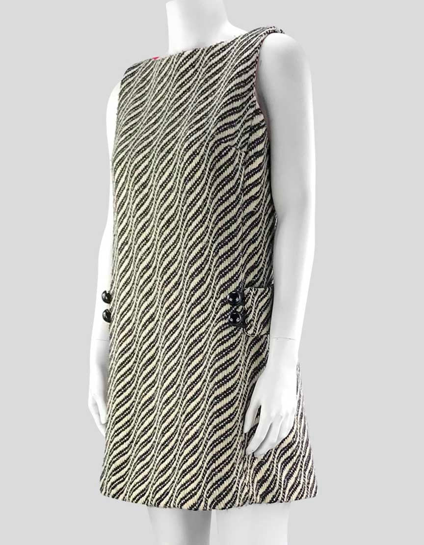 Milly Black And White Wool Shift Mini Dress With Bateau Neckline Butto LuxAnthropy