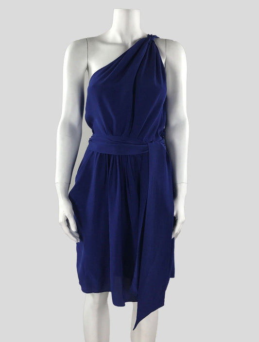 Rebecca Taylor Blue One Shoulder Belted Dress With Front Gathering And Side Pockets Fabric Belt Included Size 6