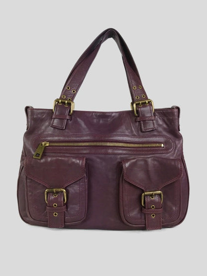 Marc Jacobs Stella Tote Bag With Front Buckle And Zipper Pockets In Burgundy Leather With Bronze Tone Hardware