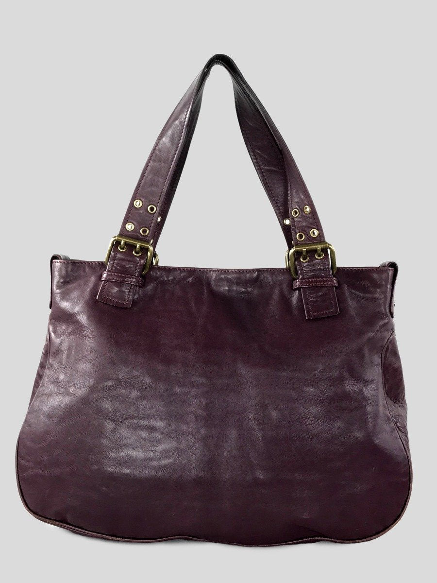 Marc Jacobs Stella Tote Bag With Front Buckle And Zipper Pockets In Burgundy Leather With Bronze Tone Hardware