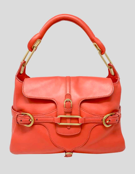 Jimmy Choo Tulita Orange Shoulder Bag With Gold Tone Hardware Single Rolled Leather Shoulder Strap Buckle Adornment At Front